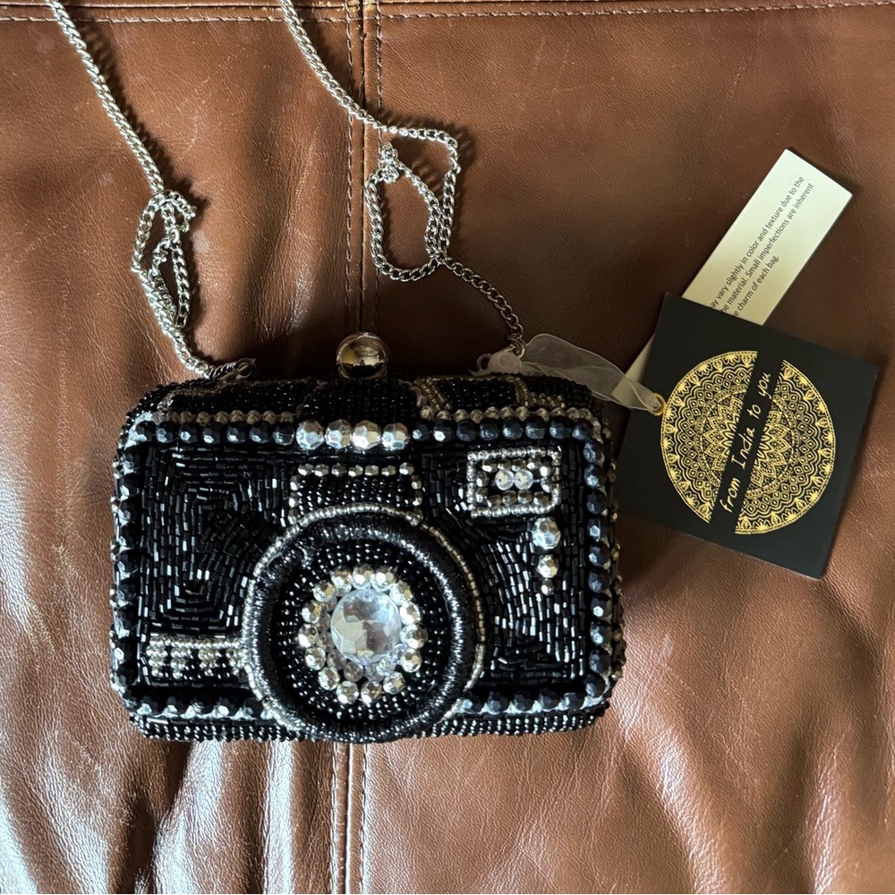 Viral Black Beaded Camera Clutch